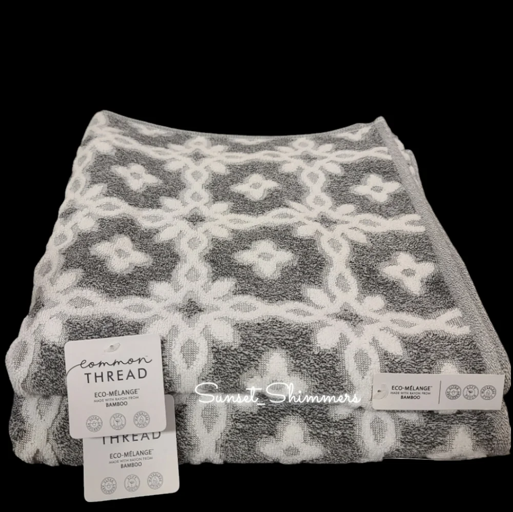 6pc Common Thread Plush Bath Hand Tip Towel Set Gray White Damask Zero Twist New